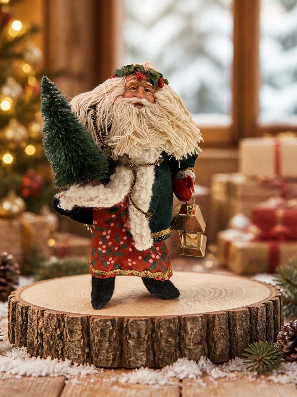 Vintage Woodland Santa Claus Christmas Ornament Holding Tree & Lantern